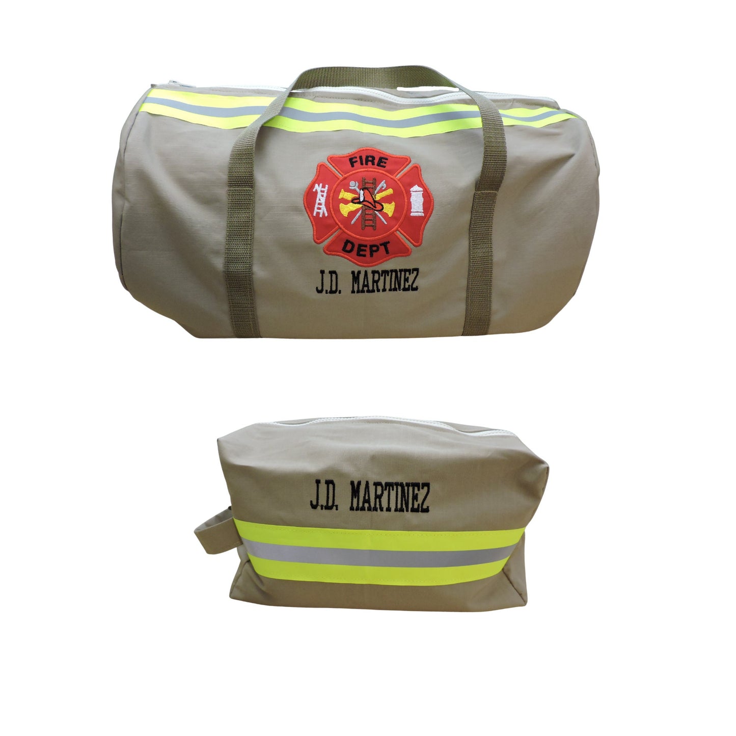 tan fabric firefighter duffel bag and travel bag set