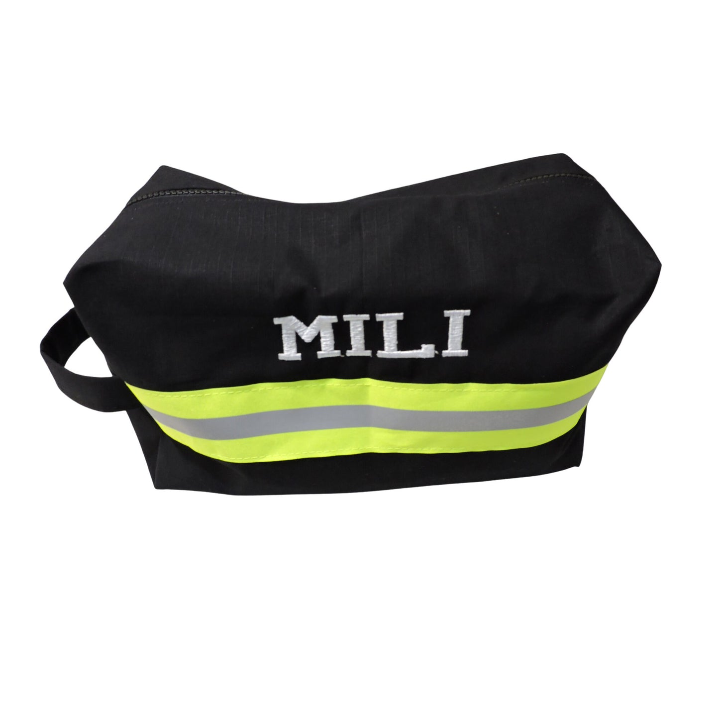 Black firefighter toiletry bag with a name added 