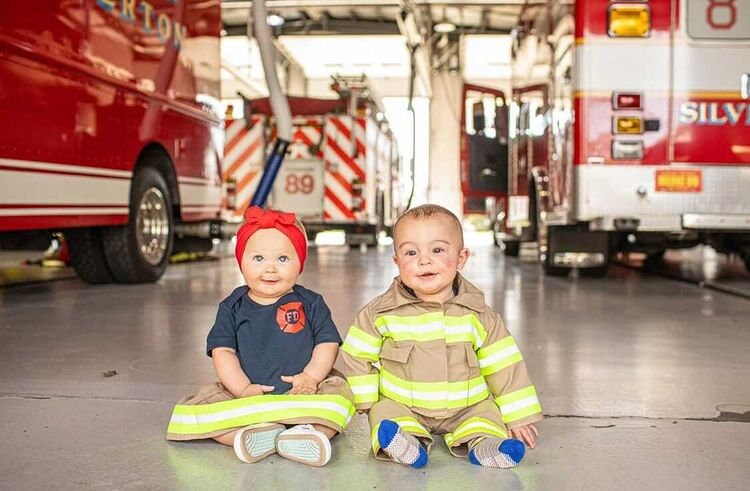 baby wearing Firefighter baby boy outfit and jacket 