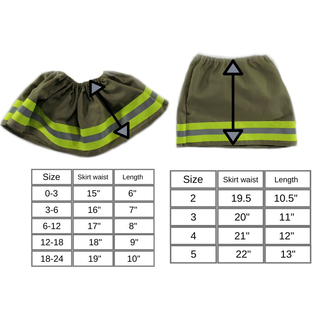 size chart for firefighter baby or toddler skirt