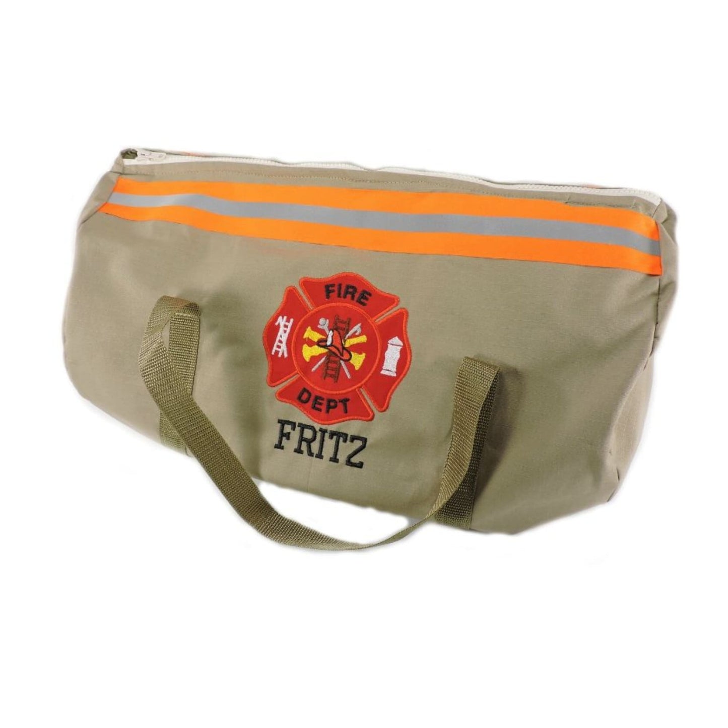 tan fabric orange reflective tape firefighter duffel bag