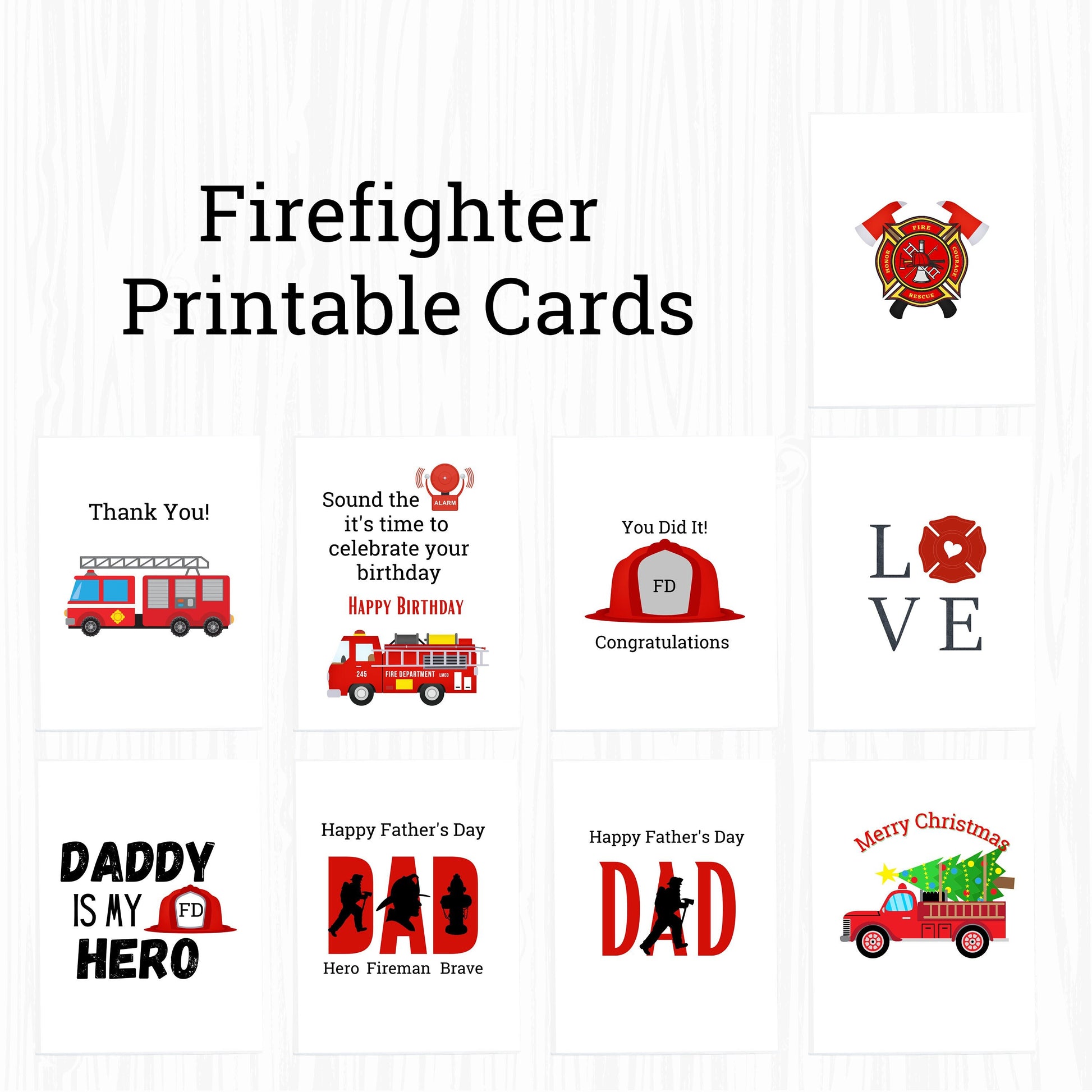 9 Firefighter PRINTABLE Cards, Christmas Card, Anniversary Card, Thank you Card, Graduation Card Set, Fireman card set, INSTANT DOWNLOAD