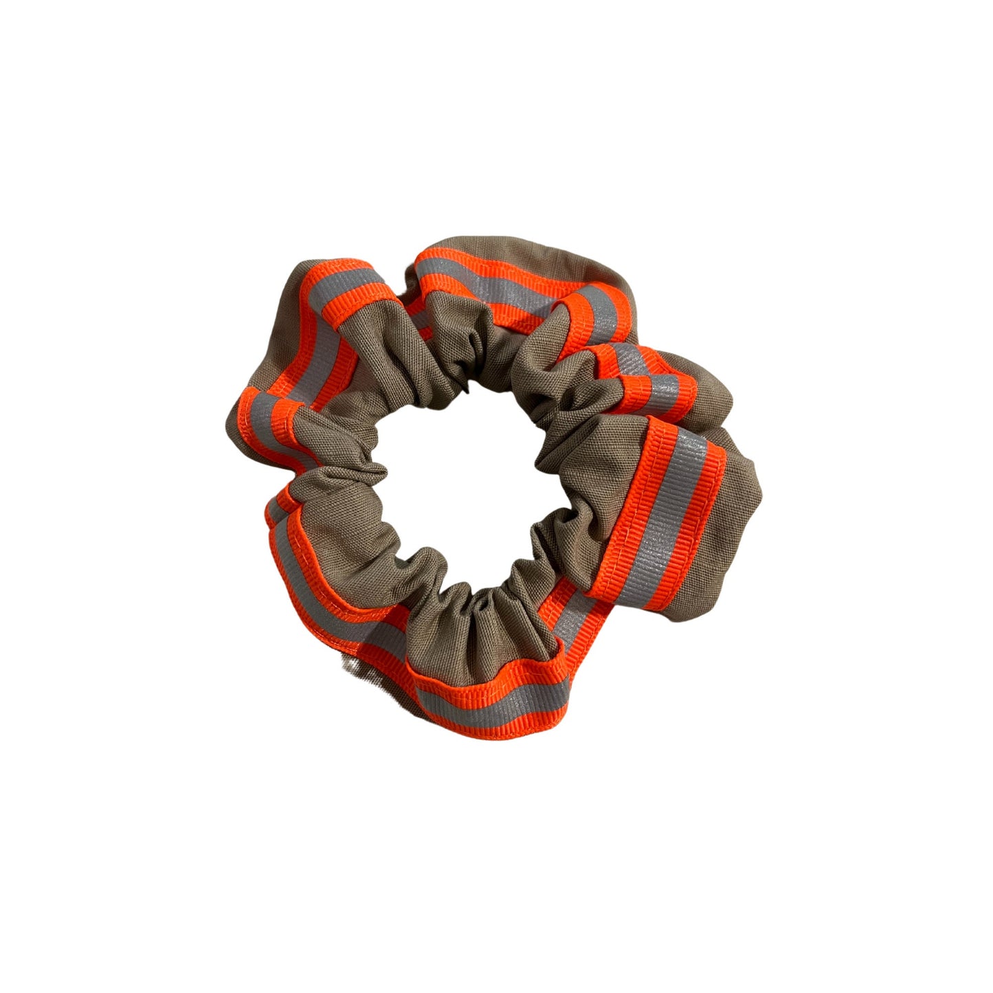 tan with neon orange reflective tape firefighter scrunchie