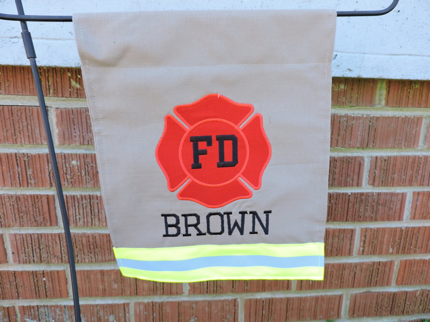 Tan Fabric Neon Yellow Reflective Tape Firefighter FD Garden Flag with One Name